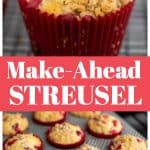 The photo collage shows the finished streusel muffins on top and a photo of fresh cranberries in a strainer on the bottom.