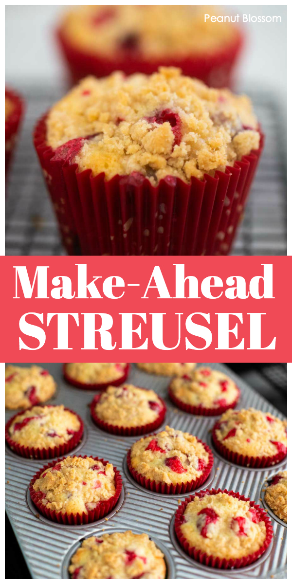 The photo collage shows a batch of muffins with streusel topping next to a close up of one of the muffins so you can see the texture of the struesel.