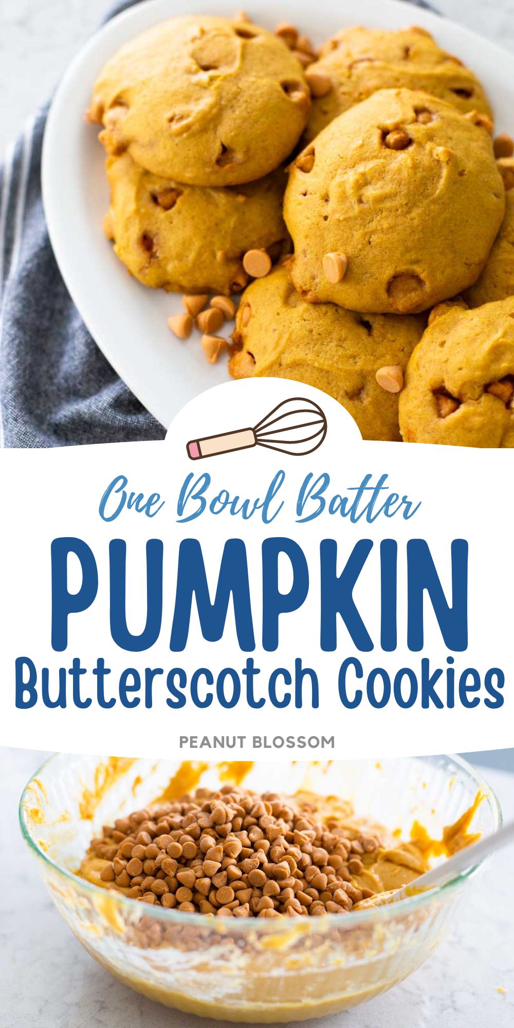 The photo collage shows the pumpkin cookies on the platter next to a photo of the one bowl used to mix up the batter with butterscotch chips on top.