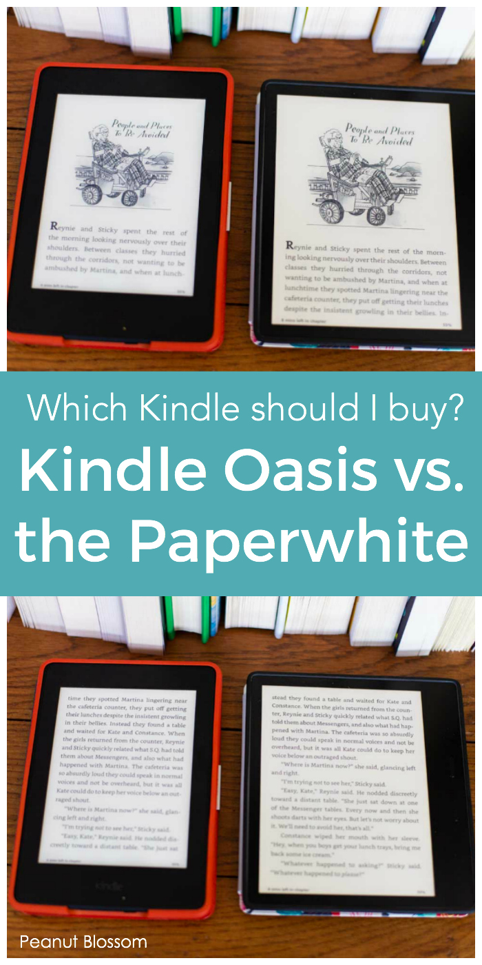 The Kindle Paperwhite and Kindle Oasis are shown side by side with the same page of the same Kindle book on the screen to show a comparison.