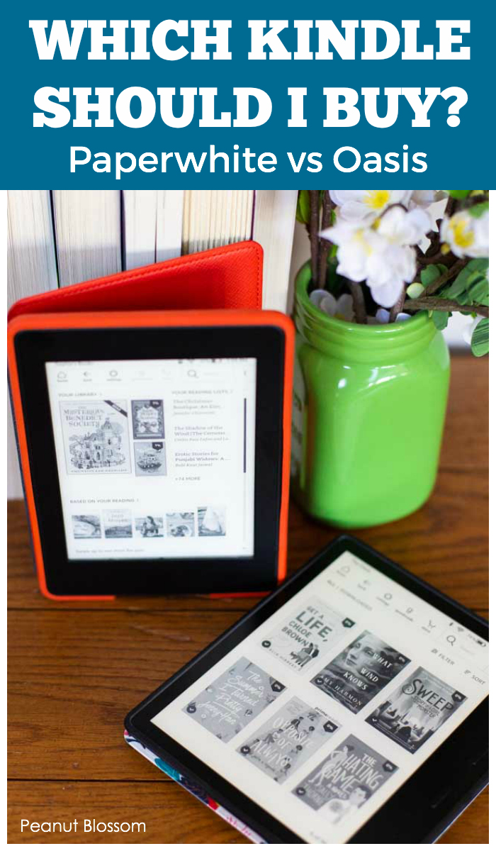 A Kindle Paperwhite next to a vase of flowers. A caption reads: "Which Kindle Should I Buy? Paperwhite vs. Oasis"