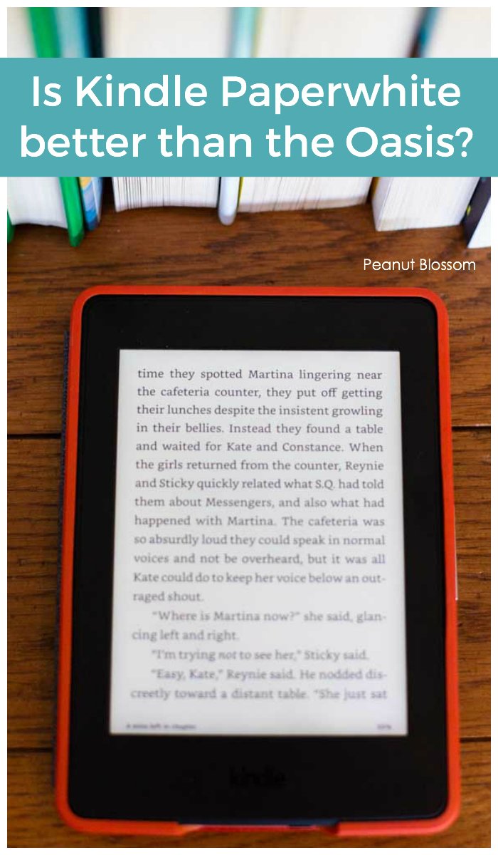 The Kindle Paperwhite screen is shown close up so you can see the display of the text on the screen.