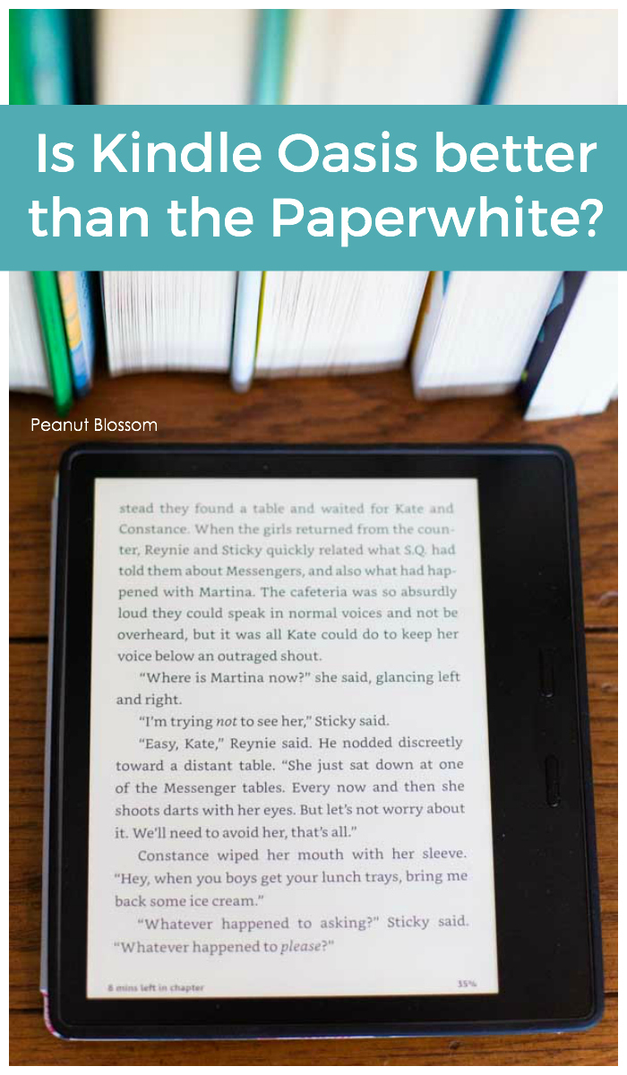 The Kindle Oasis screen is shown close up so you can see the display of the book text.