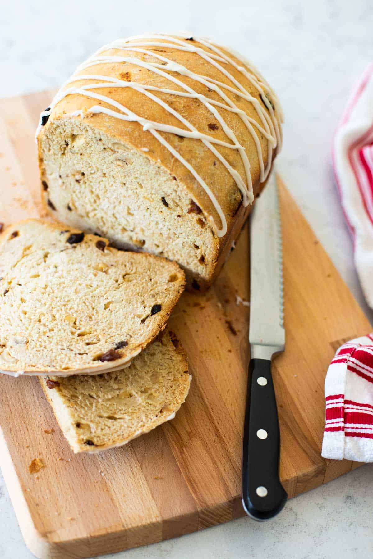 The Christmas bread has been cut with a serrated knife.