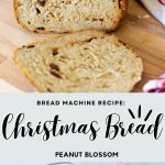 The photo collage shows the German christmas bread sliced so you can see the dried fruits and nuts next to a photo of it in the bread maker pan and a photo of the icing drizzled on top.