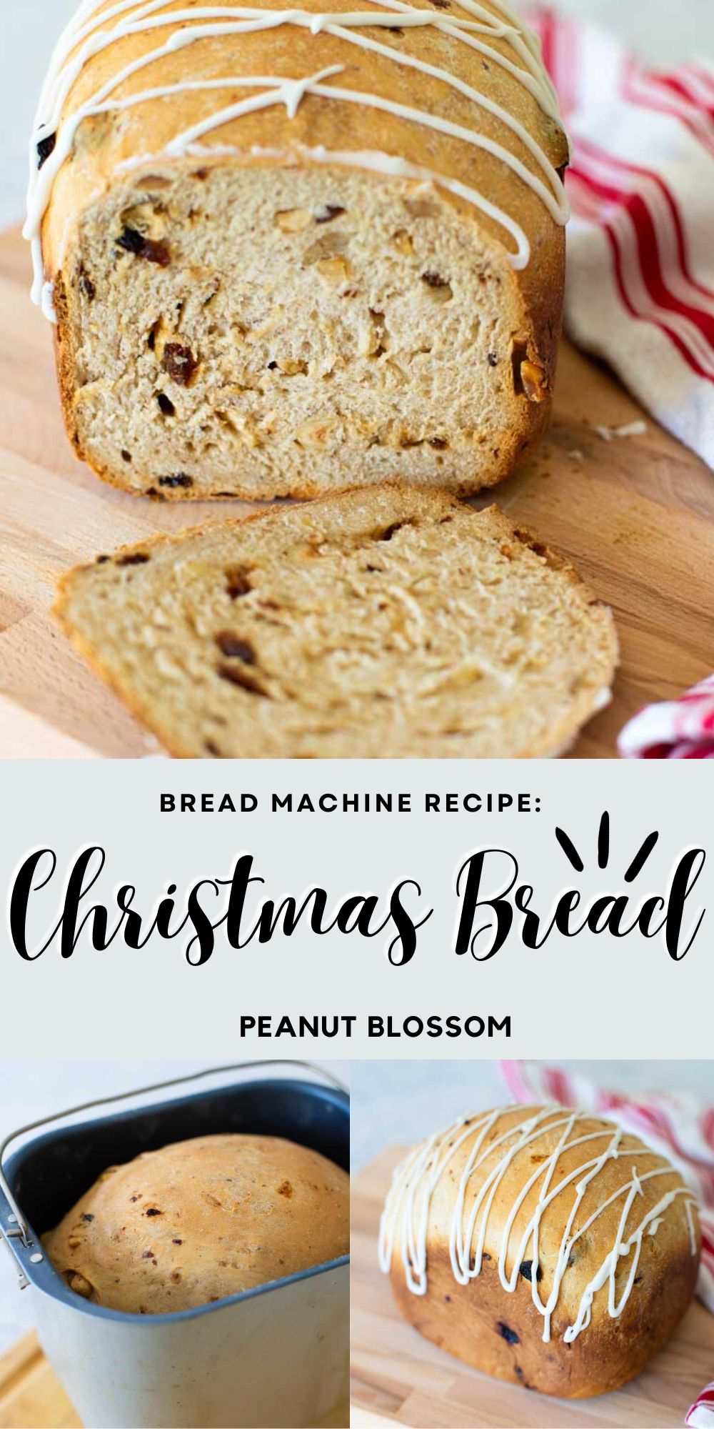 The photo collage shows the German christmas bread sliced so you can see the dried fruits and nuts next to a photo of it in the bread maker pan and a photo of the icing drizzled on top.