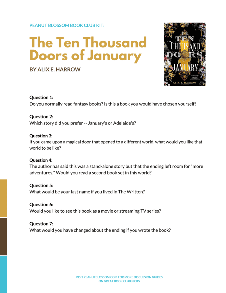 A preview of the printable book club discussion guide for Ten Thousand Doors of January.