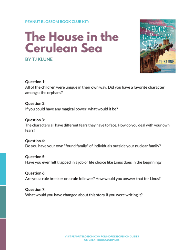 A preview of the printable discussion guide for The House in the Cerulean Sea.