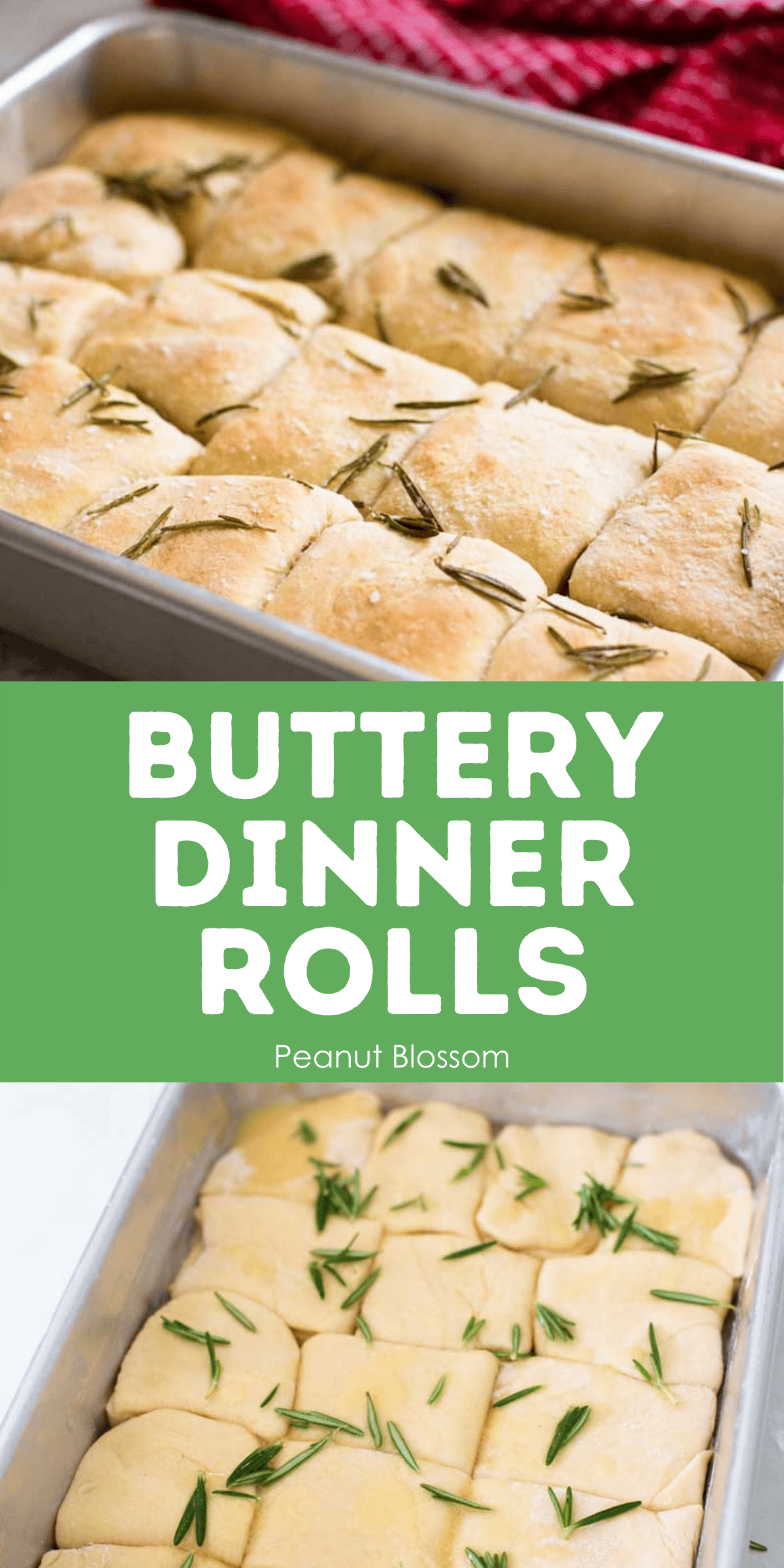 Image shows a pan of unbaked buttery dinner rolls compared to a finished pan to illustrate the difference in color on the top.