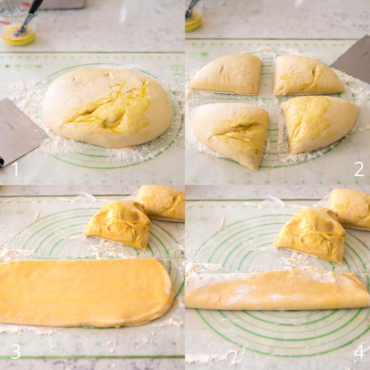 The dough has been portioned out into 4 pieces and then rolled and folded.