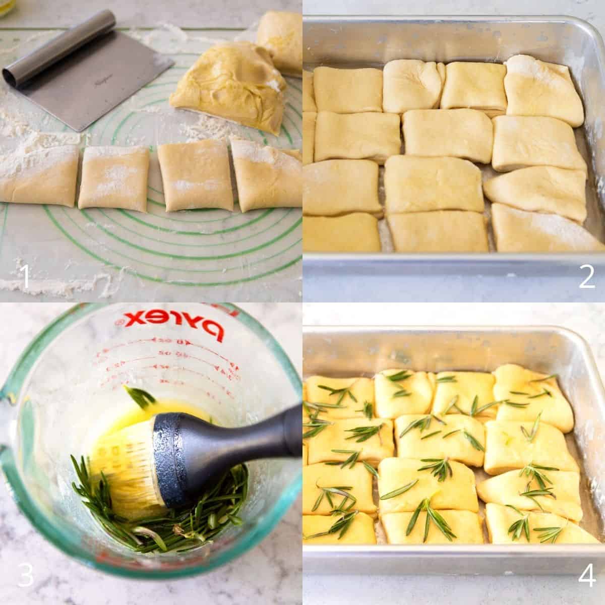 The rolls have been laid into the baking pan and brushed with rosemary butter.