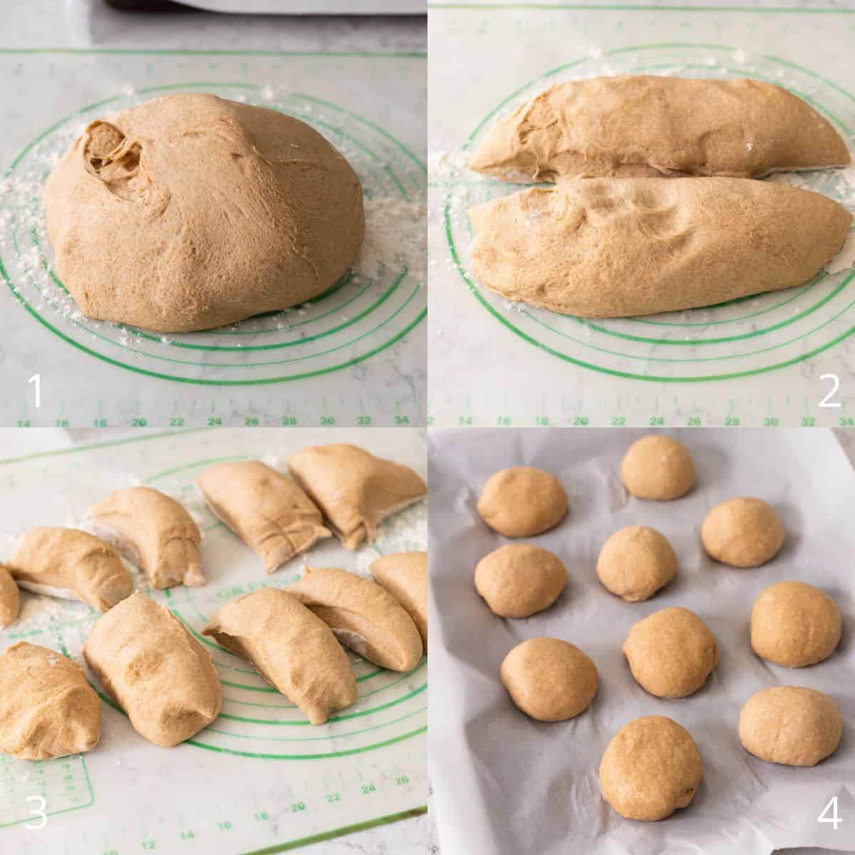 The step by step photo collage shows how to cut the dough and shape the hamburger buns.