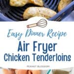 The photo collage shows the chicken in an air fryer basket next to a photo of the ingredients needed to make it.