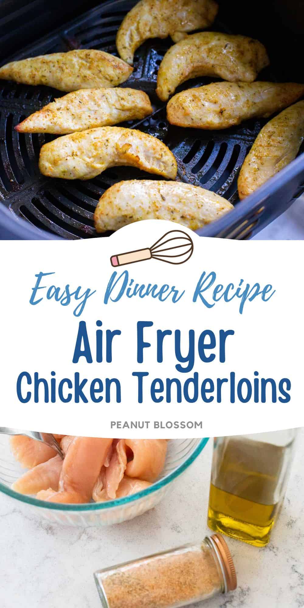 The photo collage shows the chicken in an air fryer basket next to a photo of the ingredients needed to make it.