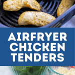 An airfryer basket with cooked chicken tenderloins, and a photo of the cooked, chopped chicken ready for being added to a dinner.