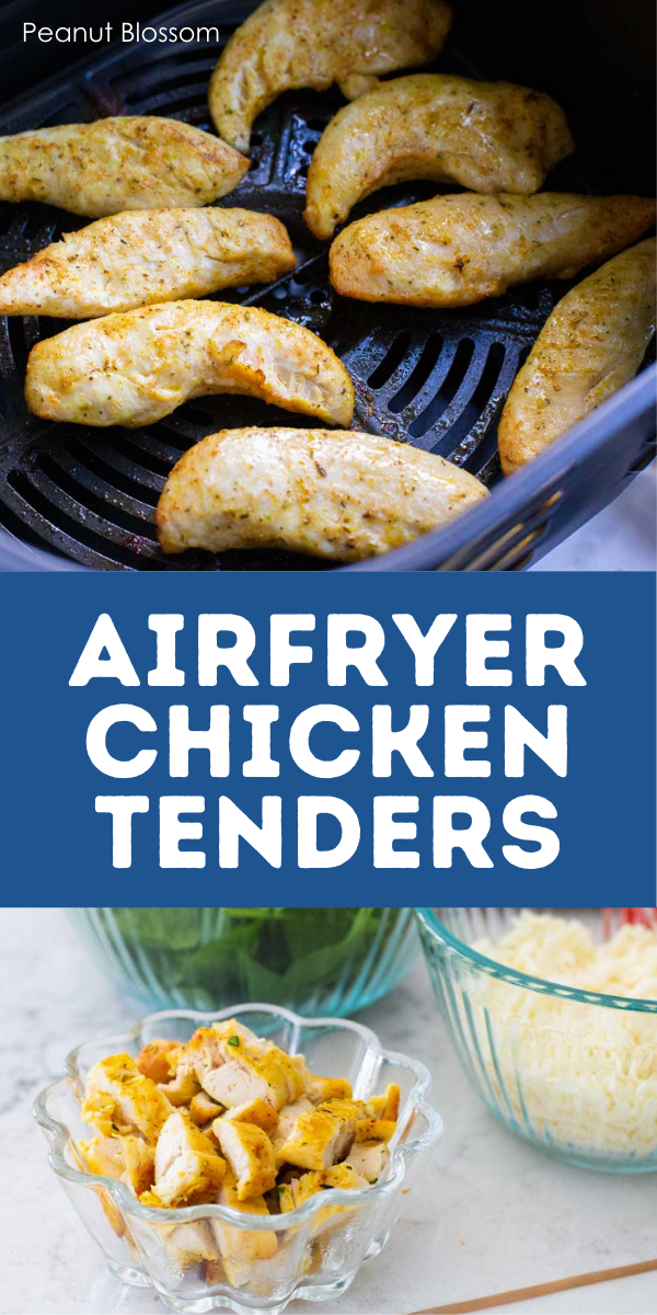 An airfryer basket with cooked chicken tenderloins, and a photo of the cooked, chopped chicken ready for being added to a dinner.
