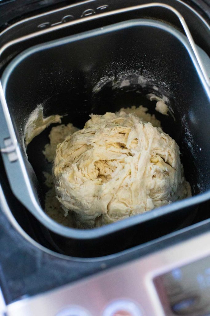 A visual for how shaggy too-dry pizza dough looks in a bread machine.