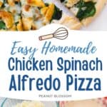 The sliced chicken pizza has green spinach and a white sauce. The second photo shows the bowl of alfredo sauce, a bowl of cheese, and a bowl of the chopped chicken used to make it.