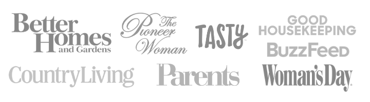 A bubble of logos with the sources Peanut Blossom has been featured in: Better Homes & Gardens, Pioneer Woman, Tasty, Good Housekeeping, BuzzFeed, Country Living, Parents, Woman's Day