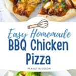 The bbq chicken pizza has been sliced for serving.