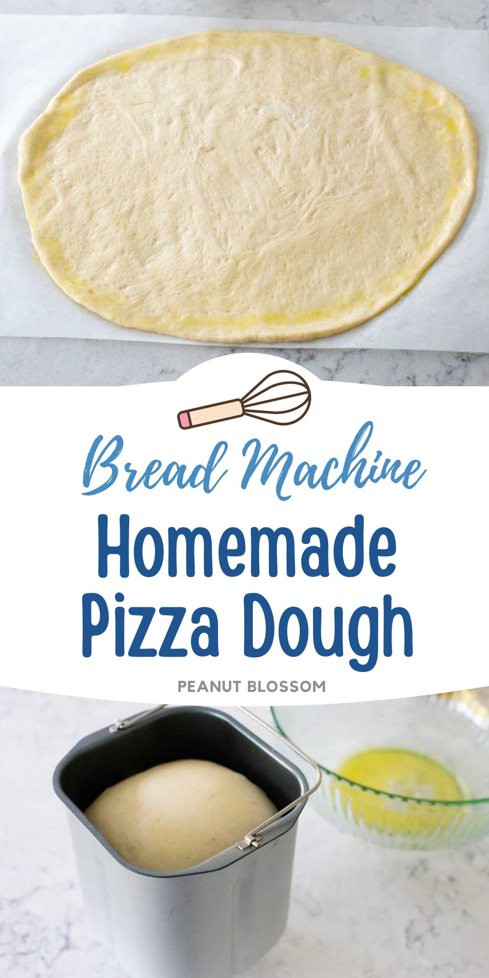 The dough has been rolled out for a homemade pizza. The second photo shows the dough in the bread machine pan.