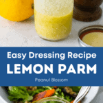 A graphic that shows the lemon dressing being made on top of a finished jar next to a salad.