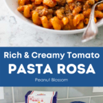 A graphic shows the finished pasta rosa on top and the ingredients to make it below.
