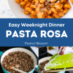 A graphic shows the finished pasta rosa dish on top and the step-by-step photos for how to make it below.