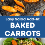 A graphic that shows the roasting pan on top and the finished salad with roasted carrots below.