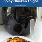 A graphic that shows the air fryer in the background behind a plate of baked marinated chicken thighs.