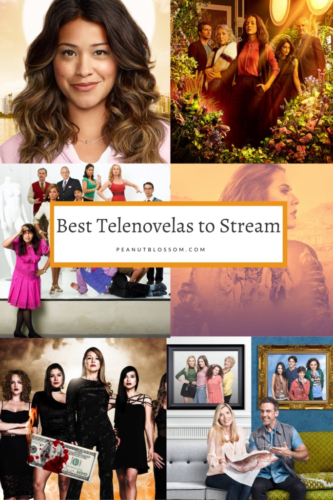 A collage of promotional images of the best telenovelas streaming on Netflix and Amazon.