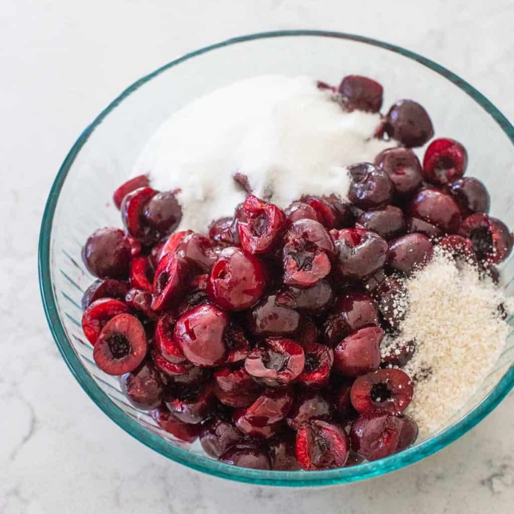 Fresh cherries are mixed with sugar and tapioca to make the cherry filling.