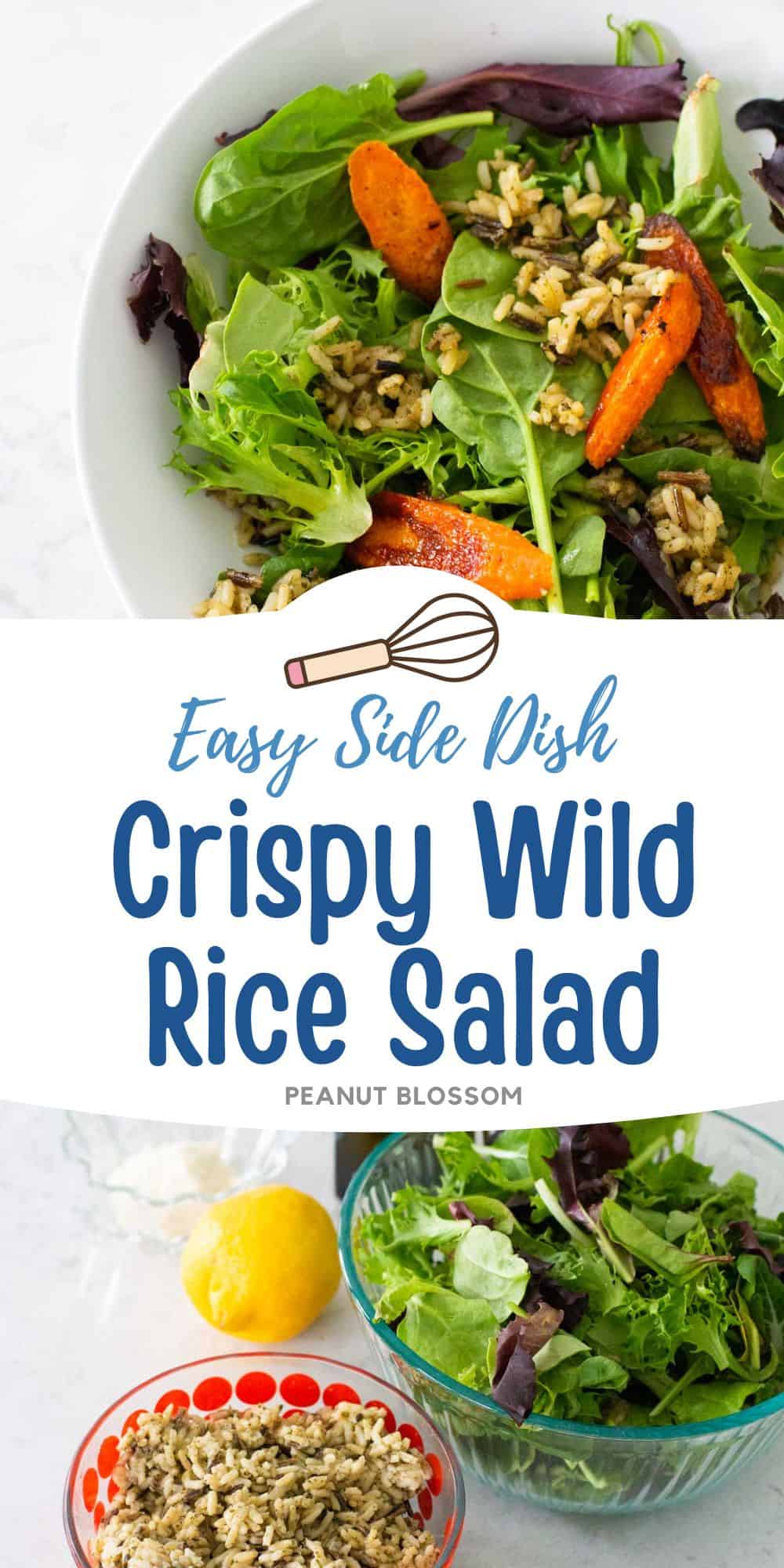 The finished salad with greens, wild rice, and roasted carrots in a white bowl.