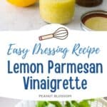 The photo collage shows a mason jar of the dressing next to a salad spinner filled with lettuce.