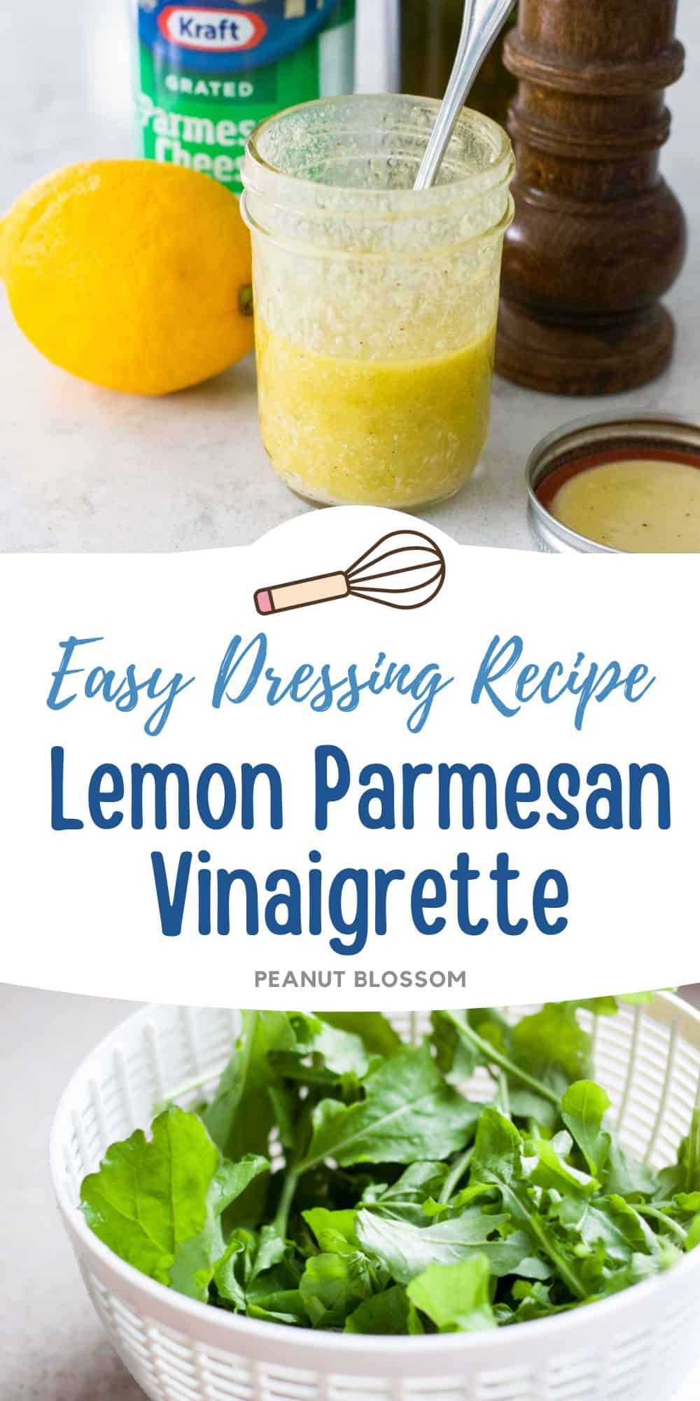 The photo collage shows a mason jar of the dressing next to a salad spinner filled with lettuce.