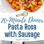 The creamy pink pasta is in a white bowl next to a photo of the ingredients used to make it.