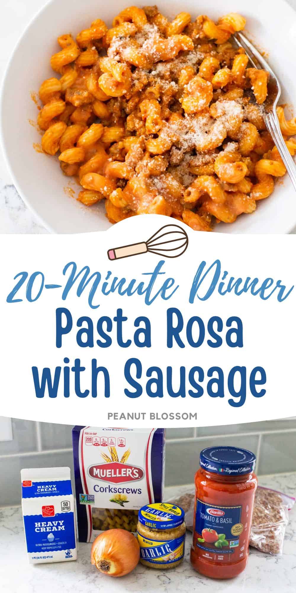 The creamy pink pasta is in a white bowl next to a photo of the ingredients used to make it.