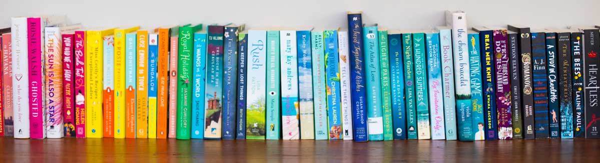 A row of colorful book club picks sit on a shelf.