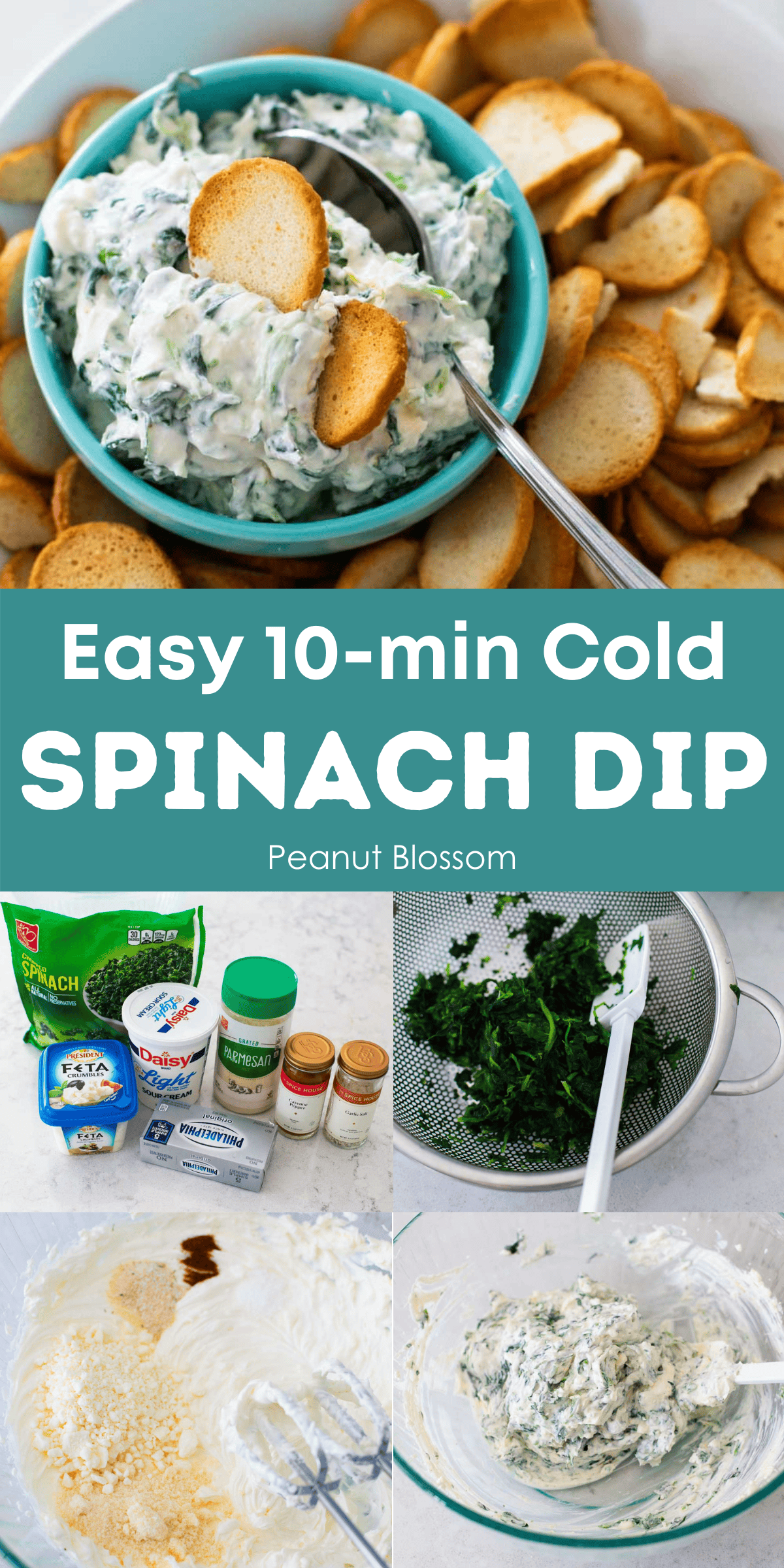 A photo collage showing how to make a cold spinach dip.