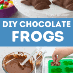 A photo collage that shows the steps to make homemade chocolate frogs.