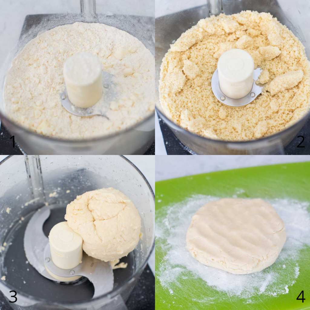 Photo collage that illustrates how to make the dough for the tart crust.