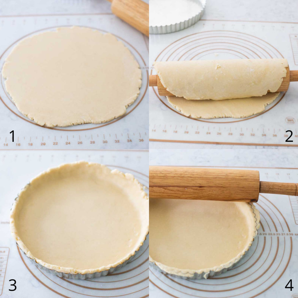 Photo collage that illustrates transferring the dough to the tart pan.