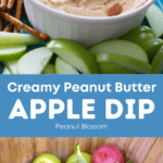 Creamy peanut butter apple dip with apples and pretzels on top, an apple picking basket full of apples on bottom.