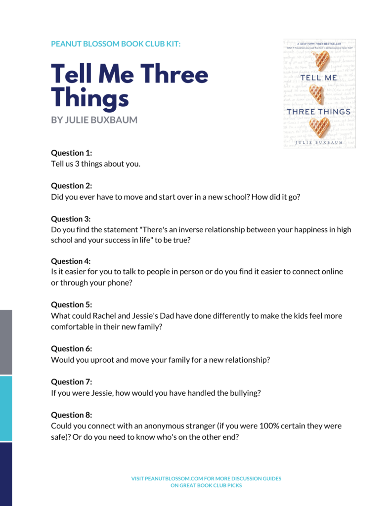 A preview of the printable discussion questions for Tell Me Three Things.