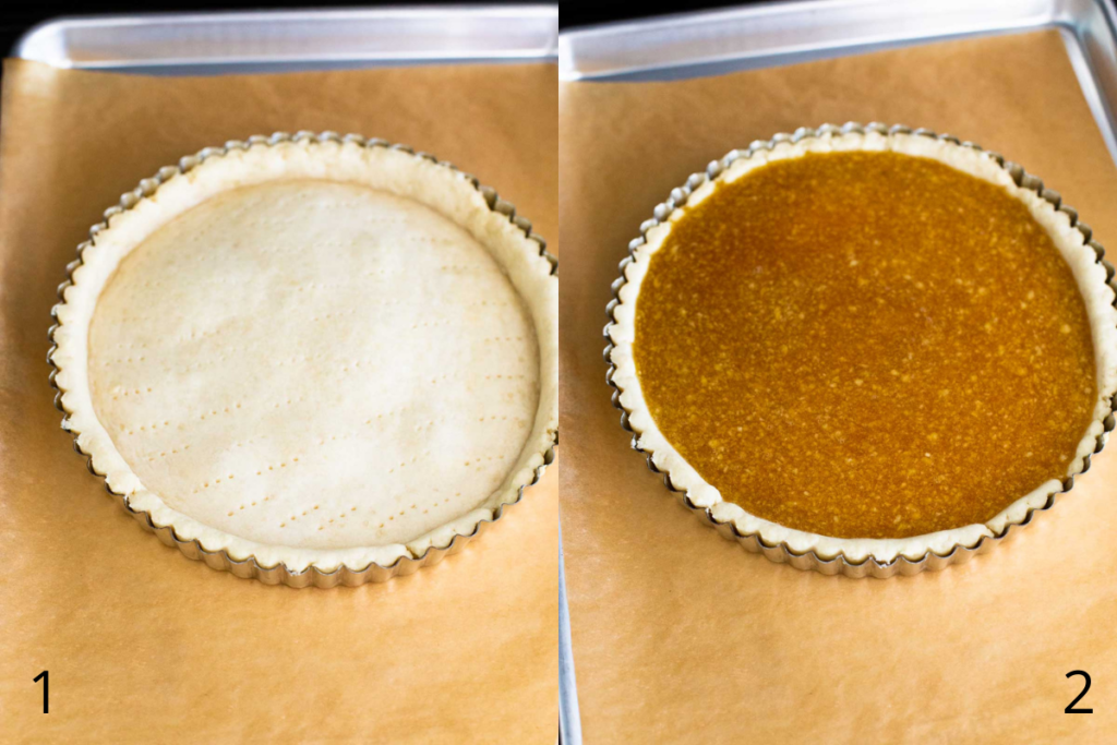 A photo collage that shows how to pour the filling into the tart shell.
