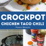A stuffed baked potato with chicken chili and sour cream and corn on top, a collage with a Crockpot and ingredient photos on bottom.