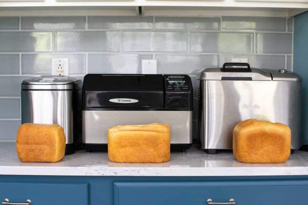 Another view of the same recipe baked in three different bread makers.