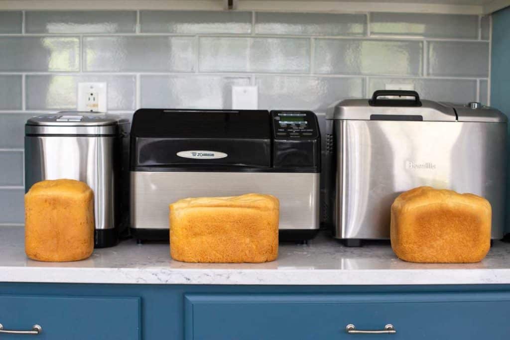 A comparison of the same recipe in three different bread machines.