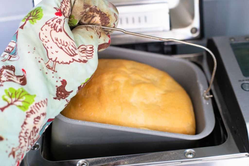 A finished loaf of bread is being pulled out of the bread machine by a hand covered in an oven mitt.