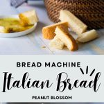 The loaf of italian bread in a bread basket on top, the flour and yeast in the bread machine pan on bottom.